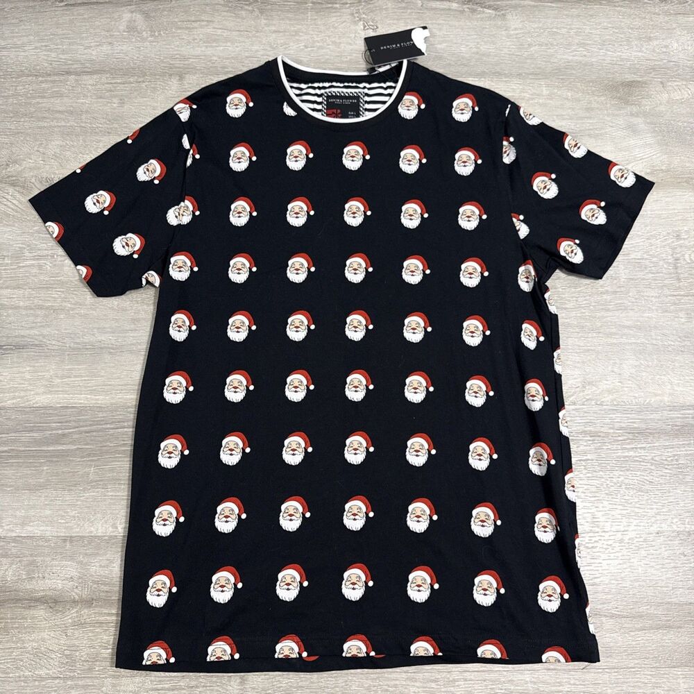 Denim & Flower Shirt Santa Claus All Over Print Christmas Men’s Large Black NWT
